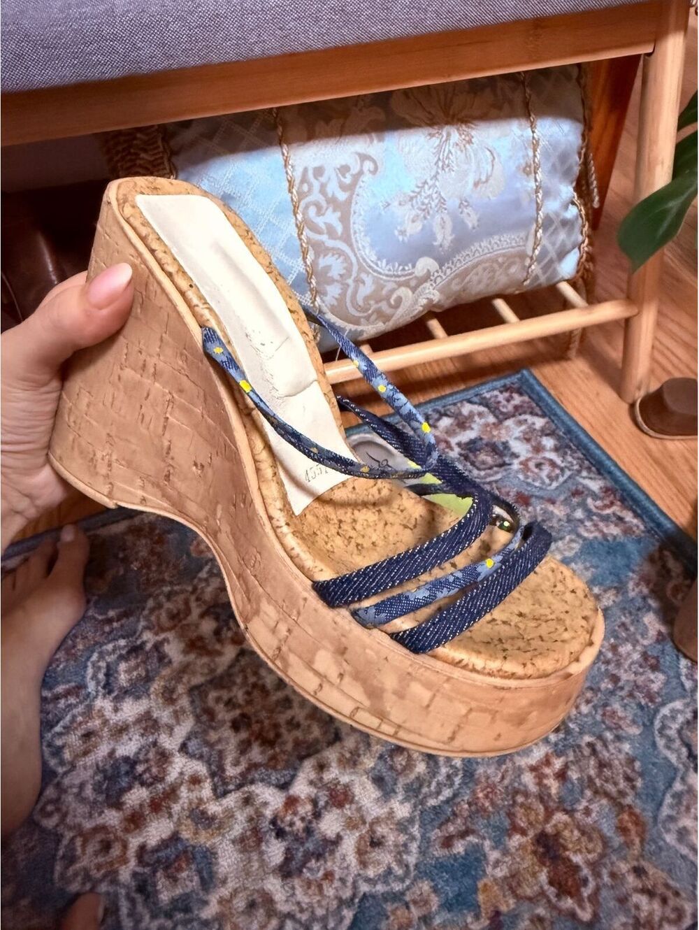 Wedge Platform Sandals with Cork Sole and Blue floral  Straps, Size 8 US